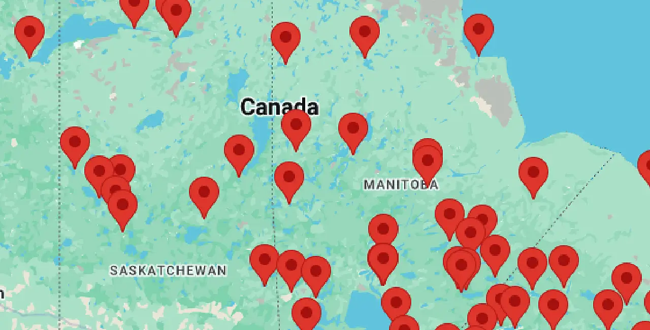 Portion of a map containing Saskatchewan and Manitoba with markers showing where Northern and NorthMart Stores are located