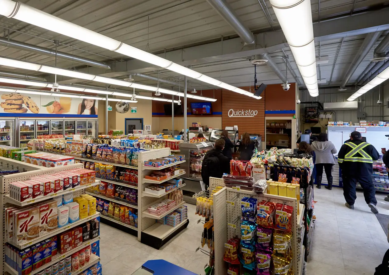 our QuickStop store, aisles of cereal and chips. People standing in line.